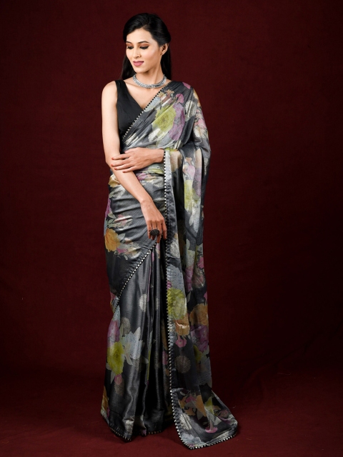 

Exclusiva Grey & Green Floral Brasso Saree