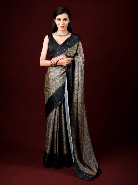 

Exclusiva Black & Beige Ethnic Motifs Brasso Saree