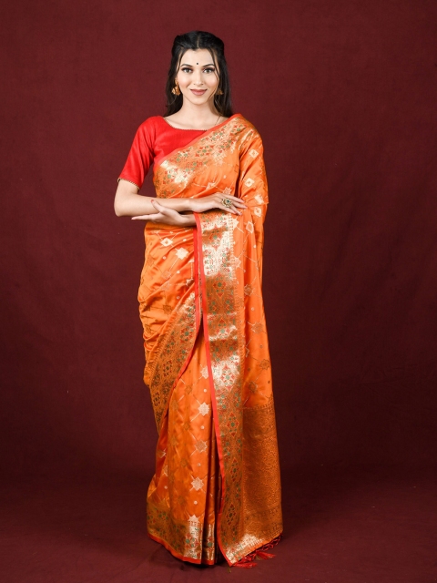 

Exclusiva Orange & Gold-Toned Woven Design Zari Saree