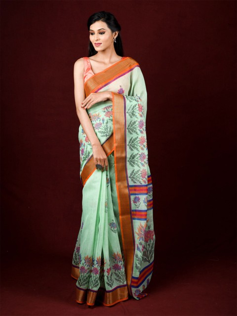 

Exclusiva Sea Green & Gold-Toned Floral Zari Saree
