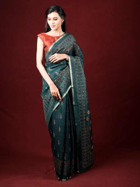 

Exclusiva Green & Gold-Toned Floral Zari Saree