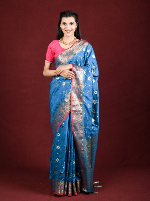 

Exclusiva Blue & Gold-Toned Woven Design Zari Saree