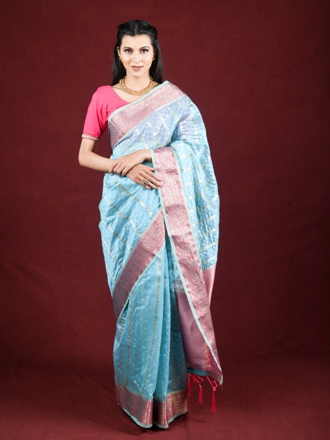 

Exclusiva Blue & Pink Woven Design Zari Organza Saree