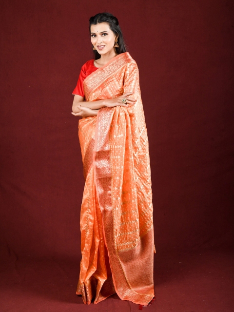 

Exclusiva Peach-Coloured & Gold-Toned Zari Organza Saree