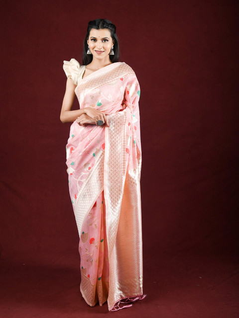 

Exclusiva Pink & Gold-Toned Floral Zari Pure Linen Saree
