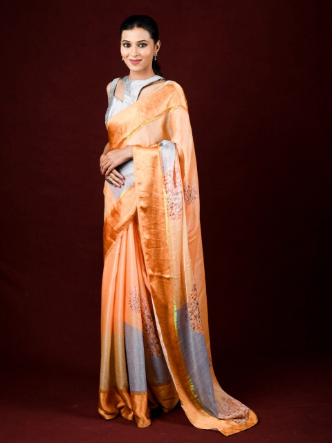 

Exclusiva Orange & Grey Floral Brasso Saree