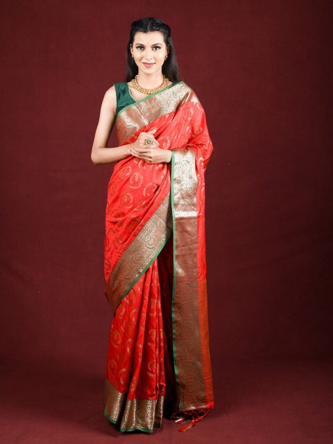 

Exclusiva Red & Green Woven Design Zari Saree
