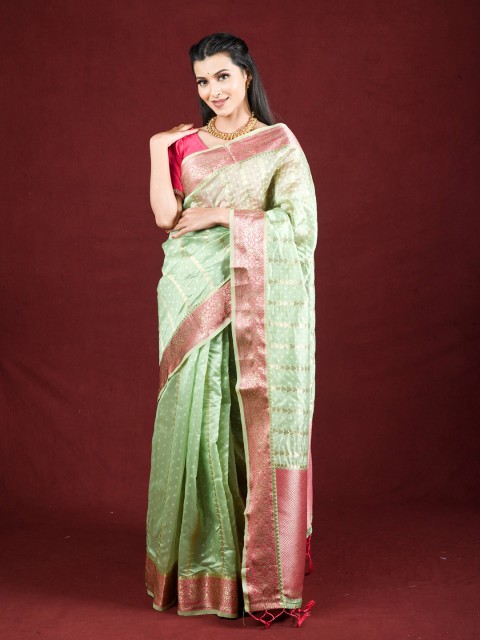 

Exclusiva Green & Pink Zari Organza Saree