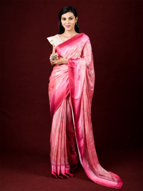 

Exclusiva Pink & Silver-Toned Ethnic Motifs Brasso Saree