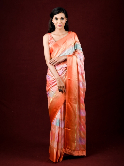 

Exclusiva Peach-Coloured & Blue Woven Design Zari Brasso Saree