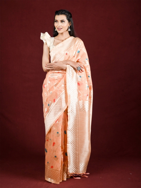 

Exclusiva Peach-Coloured & Red Floral Zari Pure Linen Saree