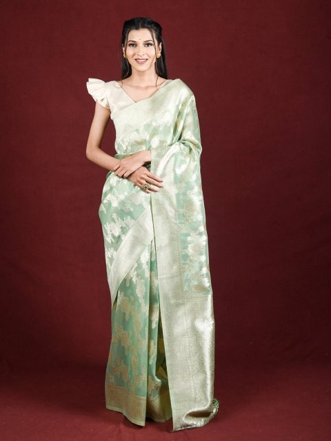 

Exclusiva Green & Gold-Toned Floral Zari Saree