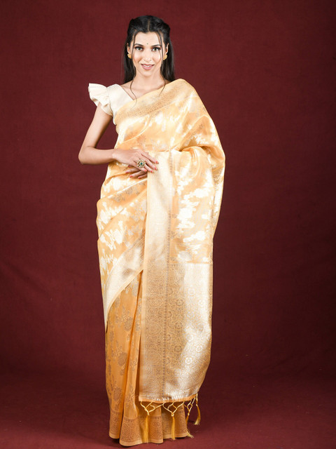 

Exclusiva Yellow & Gold-Toned Floral Zari Saree