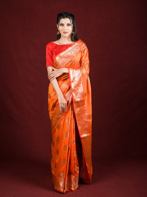 

Exclusiva Orange & Red Ethnic Motifs Zari Saree