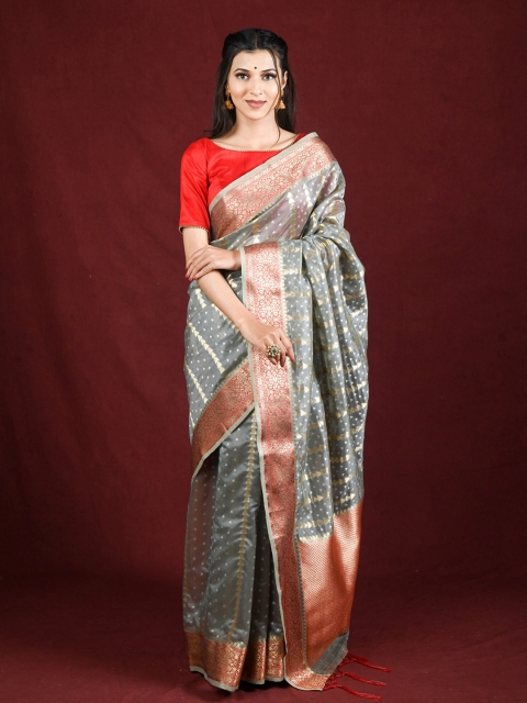 

Exclusiva Grey & Gold-Toned Zari Organza Saree