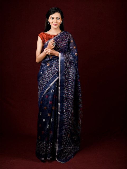 

Exclusiva Blue & Red Checked Zari Saree