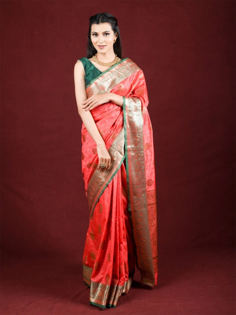 

Exclusiva Red & Green Ethnic Motifs Zari Saree