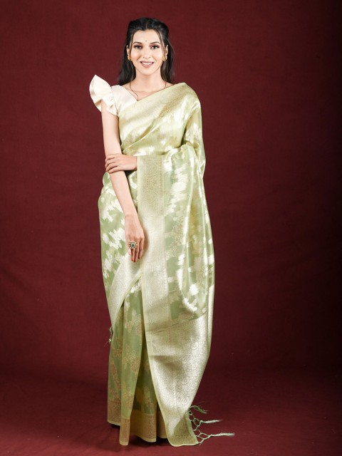 

Exclusiva Green & Gold-Toned Floral Zari Saree