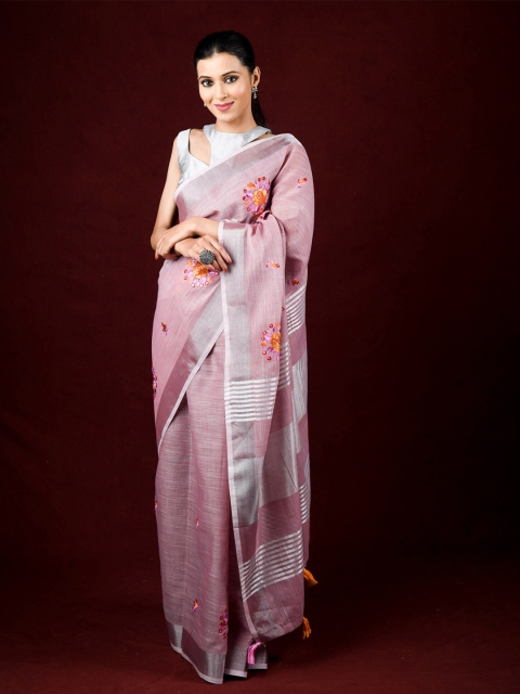 

Exclusiva Purple & Orange Floral Zari Pure Linen Saree