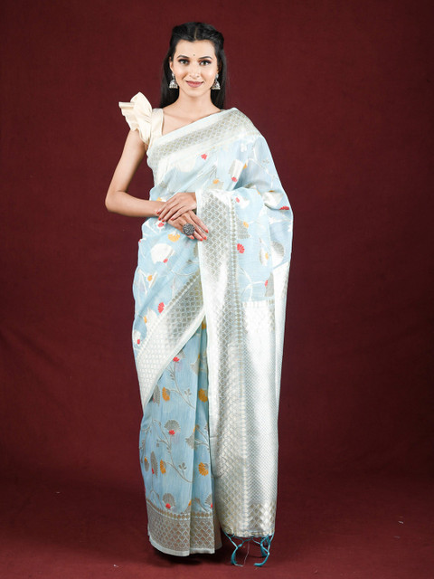 

Exclusiva Blue & Silver-Toned Floral Zari Pure Linen Saree
