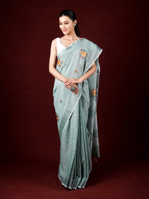 

Exclusiva Green & Orange Floral Zari Pure Linen Saree