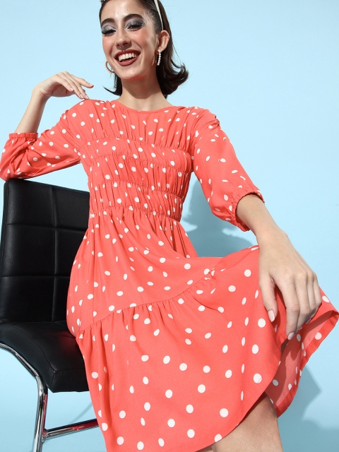 

StyleStone Women Coral Orange & White Polka Print Ruched Dress