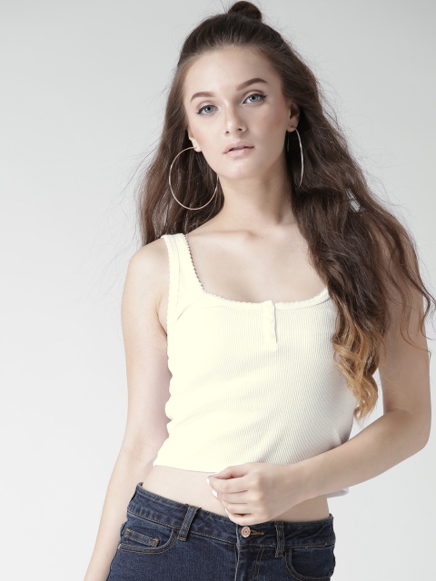 

FOREVER 21 Women White Solid Crop Fitted Top