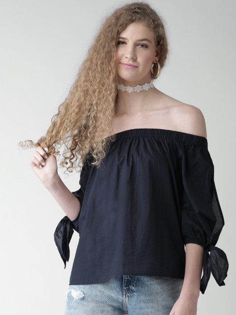 

FOREVER 21 Women Navy Solid Bardot Top, Navy blue