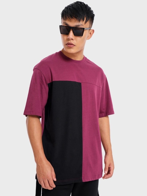 

Bewakoof Men Purple & Black Colourblocked Drop-Shoulder Sleeves Loose Cotton T-shirt