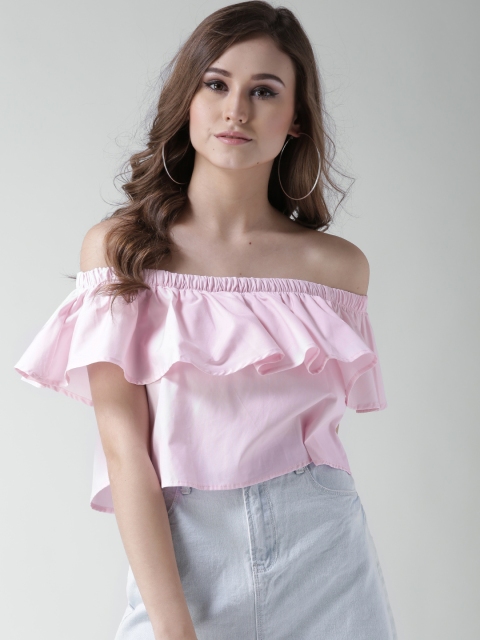 

FOREVER 21 Women Pink Solid Layered Crop Bardot Top