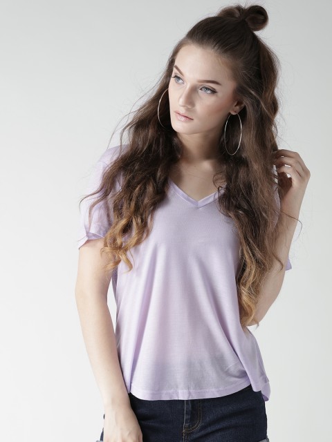 

FOREVER 21 Women Lavender Solid V-Neck T-shirt