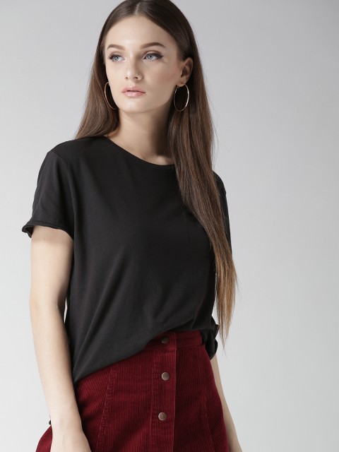 

FOREVER 21 Women Black Solid Round Neck T-shirt