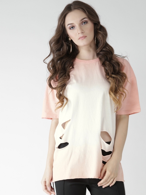 

FOREVER 21 Women Off-White Peach-Coloured Dyed Round Neck Pure Cotton T-shirt