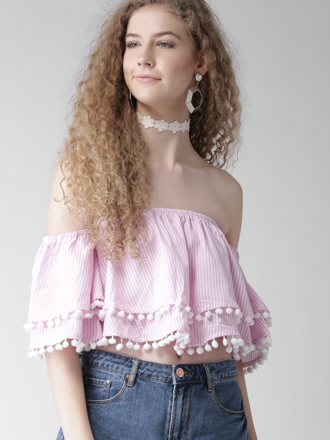 

FOREVER 21 Women Pink Striped Crop Bardot Pure Cotton Top