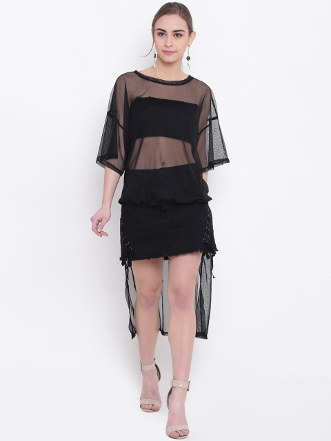 

FOREVER 21 Women Black Solid Sheer High-Low Top