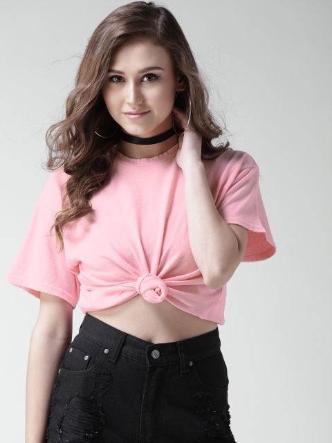 

FOREVER 21 Women Pink Solid Boxy Pure Cotton Top