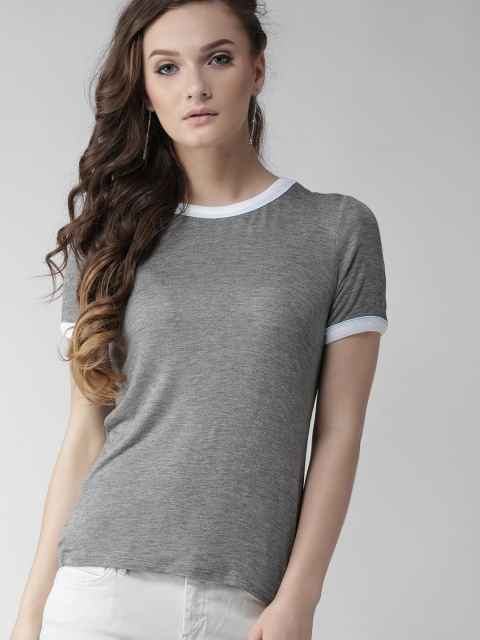 

FOREVER 21 Women Grey Melange Solid Round Neck T-shirt