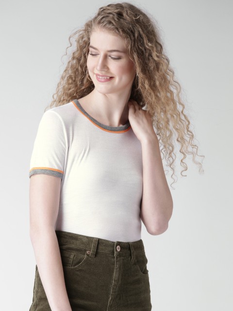 

FOREVER 21 Women White Solid Round Neck T-shirt
