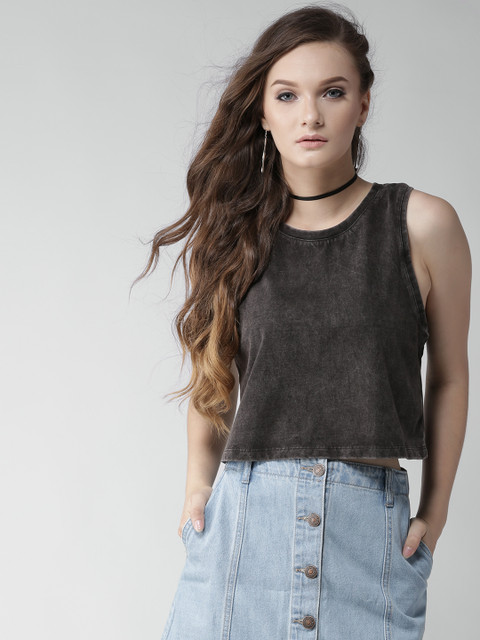 

FOREVER 21 Women Charcoal Grey Solid Crop Top with Washed Effect