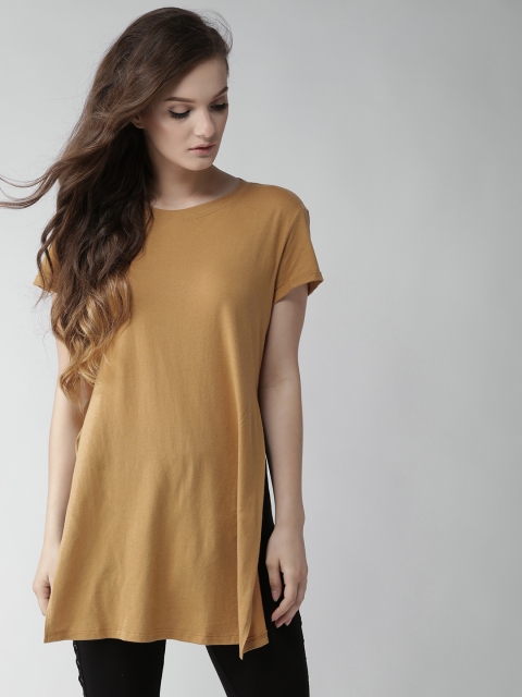 

FOREVER 21 Women Mustard Brown Solid Top with High Slits