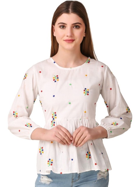 

ROOPWATI FASHION Women White & Green Floral Print Peplum Top