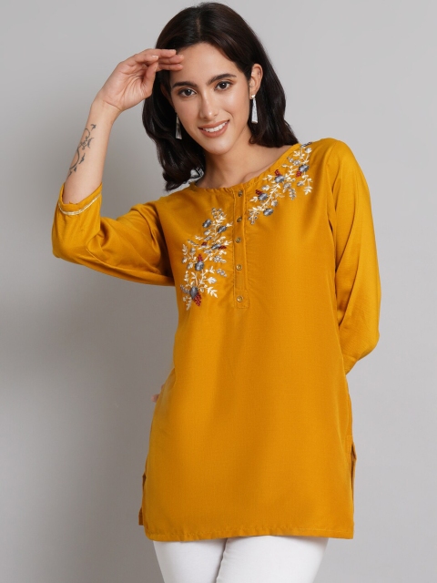 

Risirioutfit Mustard Yellow & marmalade Ethnic Motifs Embroidered Kurti