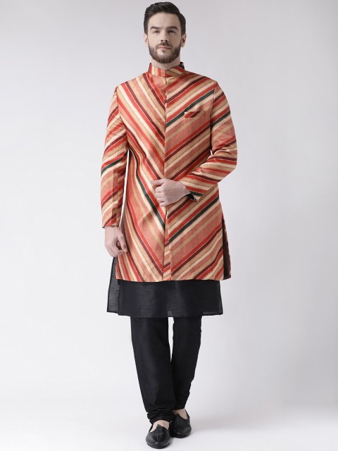 

Hangup Men Orange & Black Striped Sherwani Set