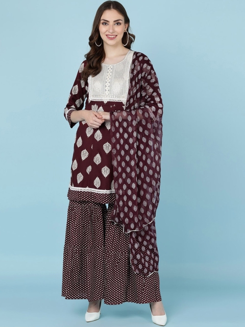 

JAIPUR PRIME Women Ethnic Motifs Printed Empire Kurta with Sharara & With Dupatta, Maroon