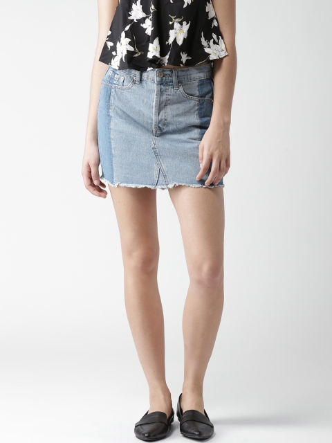 

FOREVER 21 Blue Washed Denim Mini A-Line Pure Cotton Skirt