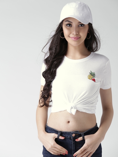 

FOREVER 21 Women White Solid Round Neck T-shirt
