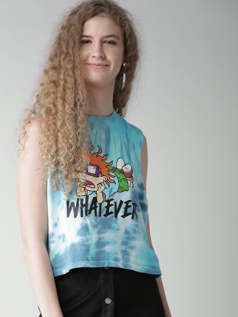 

FOREVER 21 Women Blue Dyed Printed Round Neck T-shirt