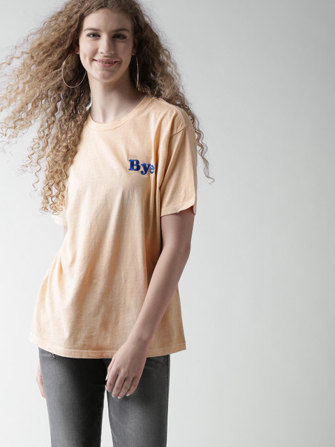 

FOREVER 21 Women Peach-Coloured Solid Round Neck Pure Cotton T-shirt