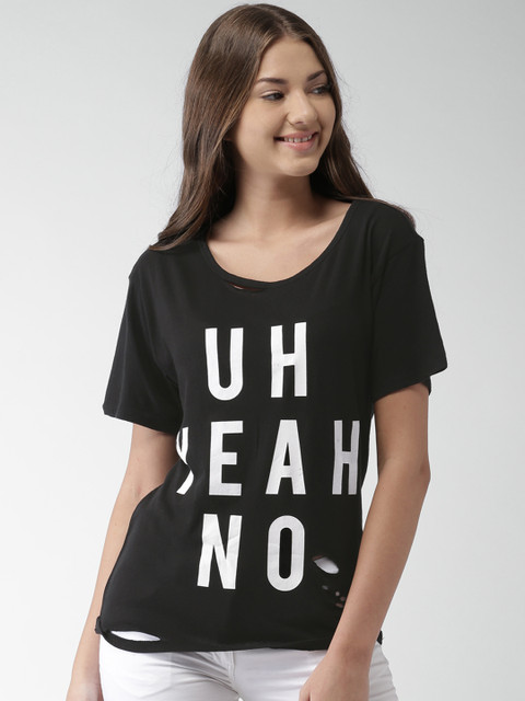 

FOREVER 21 Women Black Printed Round Neck T-shirt