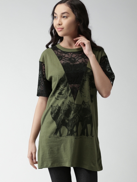 

FOREVER 21 Women Olive Green Printed Round Neck Longline T-shirt